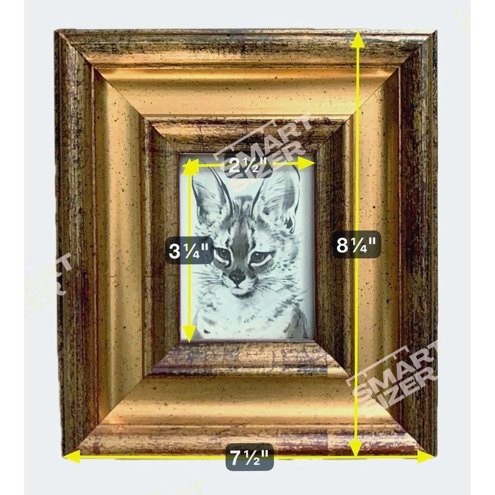 Cat Miniature Art Drawing in Lavish Gold Frame Iron Tabletop Easel Vintage 90s - Picture 9 of 10